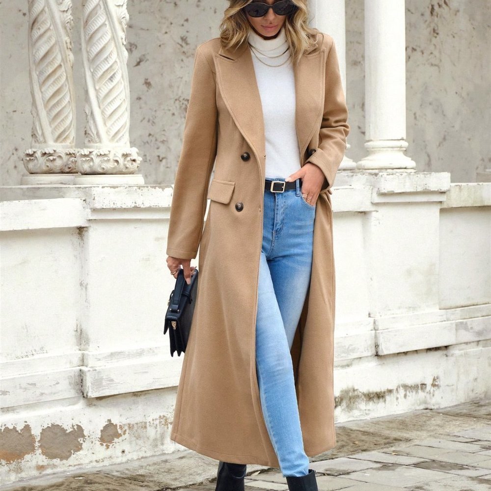 Khaki Casual Womens Lapel Neck Double Breasted Overcoat - Picture 5 of 5